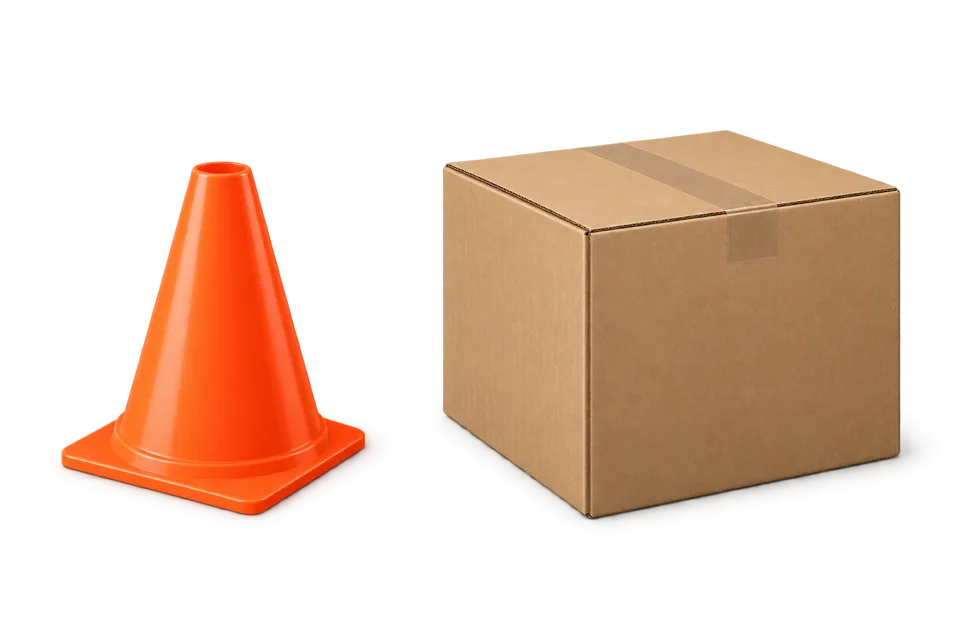 One loose orange training cone beside a closed plain carton. The carton contents are not visible.