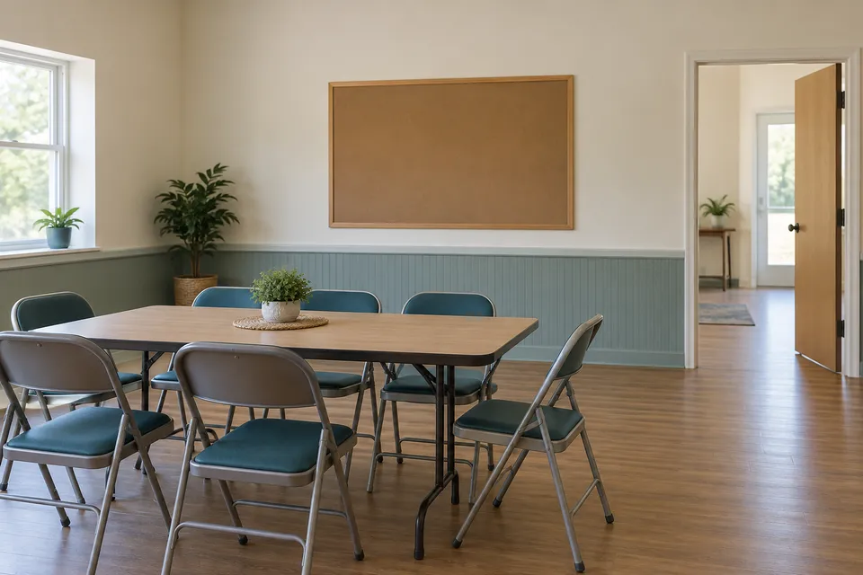 Fictional room with a table, folding chairs, blank noticeboard, window and an open doorway along the right edge. No people are visible.