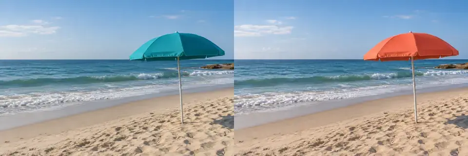 Fictional beach with gentle surf and a teal umbrella; no people or text.
