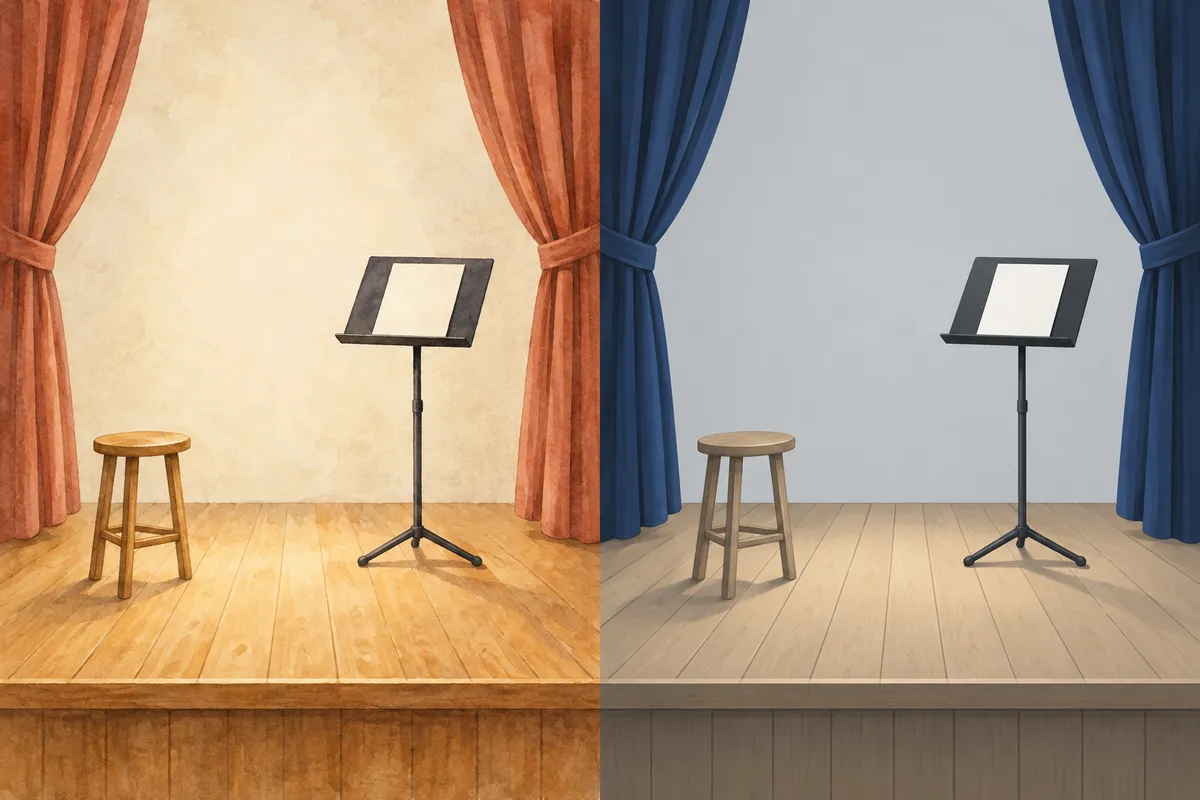 An empty illustrated stage with terracotta curtains, a wooden stool and a music stand with a blank sheet. Warm colors and textured brushwork.