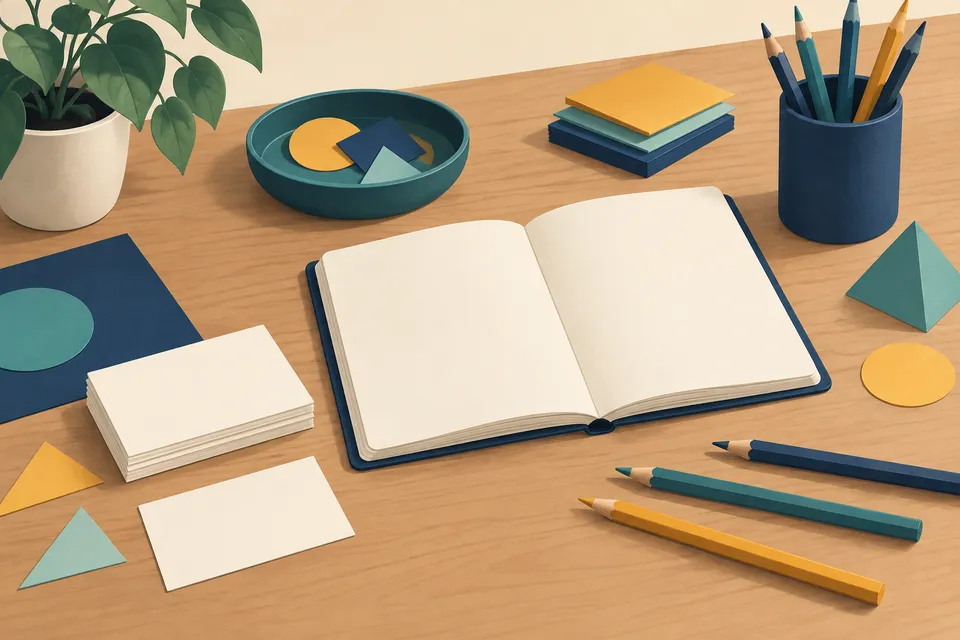 AI-generated illustration of blank cards, an open blank notebook, pencils and paper shapes on a table; no people or identifiable event.